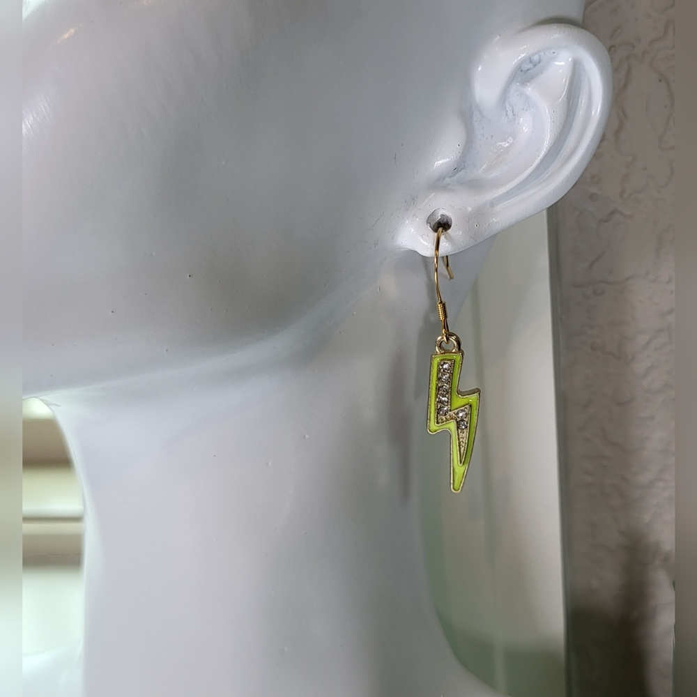 Neon Yellow Rhinestone Lightning Bolt Statement Dangle Earrings / Pierced - Picture 2 of 6